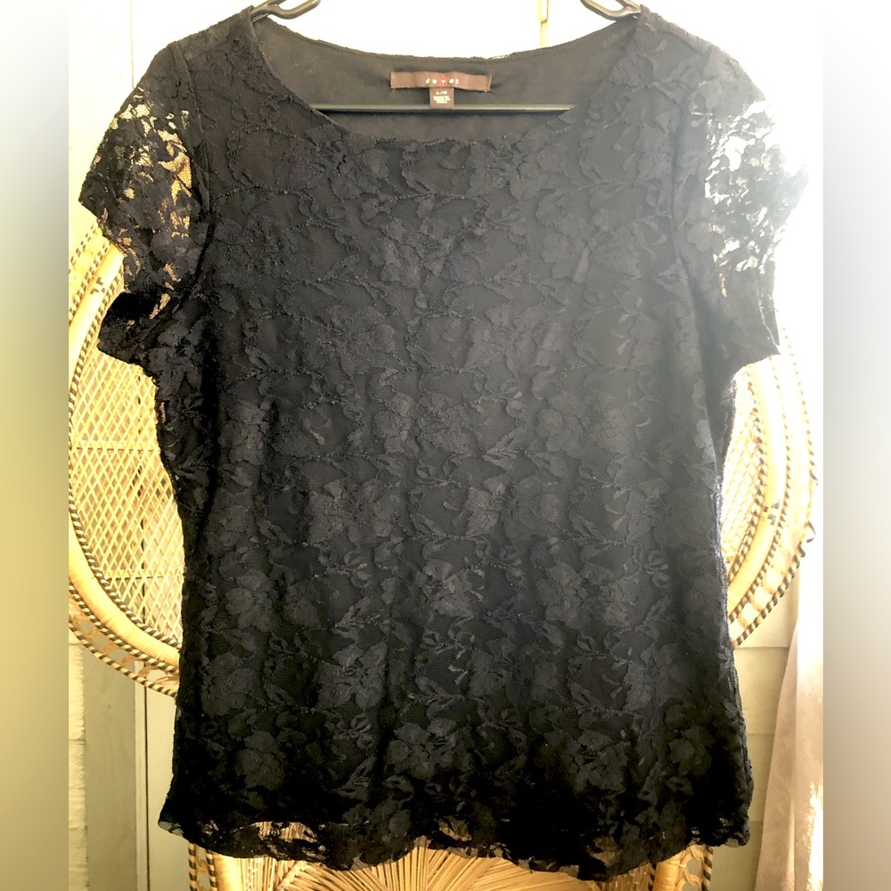 Vintage Fever 90s/Y2k Black Lacey Floral Short Sleeve Blouse Size L Gothic/Alt.